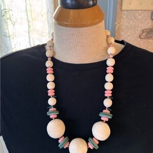 Vintage 1980s Beaded Necklace – Pastel Wood & Ceramic Look Statement Jewelry